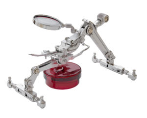 Mechanical magnifying tool with articulated arms and a red container