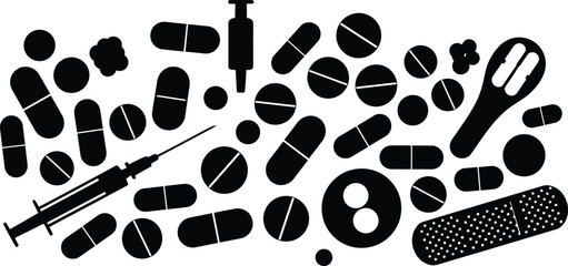 Medical syringe, various pills, capsules, tablets, adhesive bandage, health care, medication, injection, treatment, pharmacy, black silhouette, vector illustration