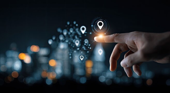 A hand, fingertip touching a holographic map