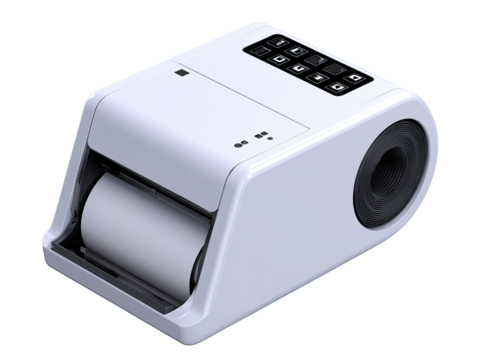 Compact, light gray/white label printer with keypad