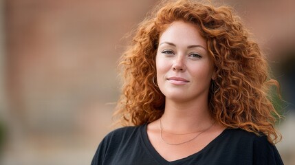 Fototapeta premium A confident woman with curly red hair poses outdoors, showcasing her natural beauty and relaxed demeanor. Ideal for lifestyle and beauty themes.