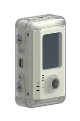 Fototapeta premium Compact, waterproof digital camera encased in clear protective housing. Features a small screen, lens, and various ports