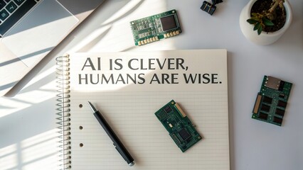 Thoughtful Quote on AI and Wisdom with Circuit Boards and Pen