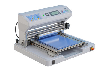 Industrial machine with a roll of film and a flat, blue substrate