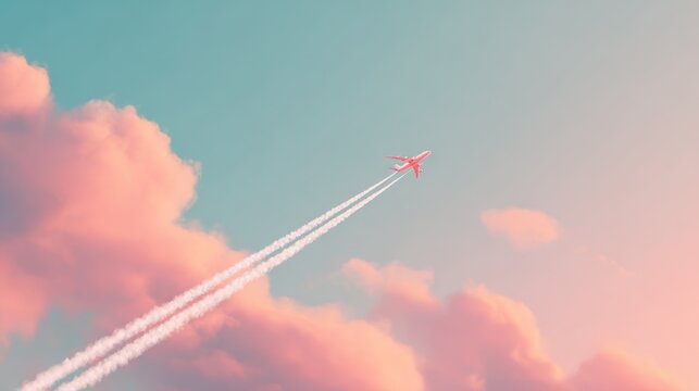 Pink airplane soars into the sky with cotton candy clouds and soft blue sky