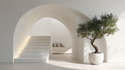 White minimalist interior with arched openings and a potted olive tree