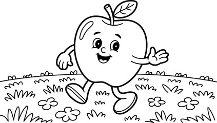 Cute cartoon apple character walking in a grassy field design