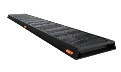 Long, dark gray ramp with orange accents.  Textured surface.  Folded design