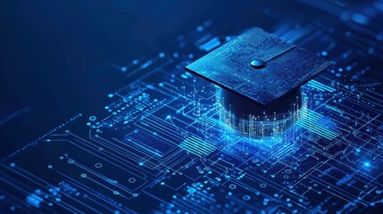 Futuristic digital education concept with a graduation cap and circuit background