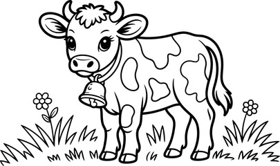Cute cartoon cow illustration in black and white simple design
