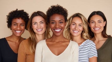 Obraz premium Five women of different ethnicities smiling together in a studio. The mood is joyful and friendly, showcasing diversity and unity.