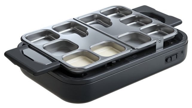Portable,  multi-sectioned,  electric griddle.  Features removable,  stainless steel compartments.  Gray,  compact design
