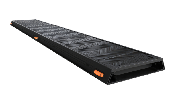 Long, dark gray ramp with orange accents.  Textured surface.  Folded design