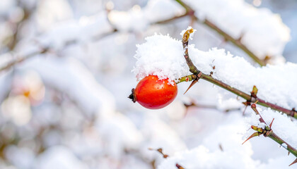 Red Rose Hip Covered in Fresh Snow on Thorny Winter Branch