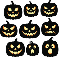 Scary and funny Halloween pumpkin faces collection, spooky jack-o'-lantern silhouettes, vector illustration, horror theme, trick or treat decoration, October