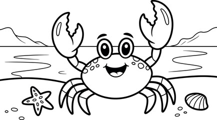 Cute cartoon crab on the beach black and white illustration