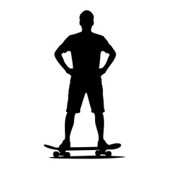 Fototapeta premium Vector Silhouette of person with hands on hips standing on a skateboard in black color