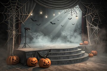 Spooky halloween stage with pumpkins and bats