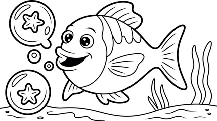 Cute cartoon fish with starfish bubbles in black and white
