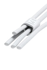 Close-up of three bundled, light gray wires with a clamping ring