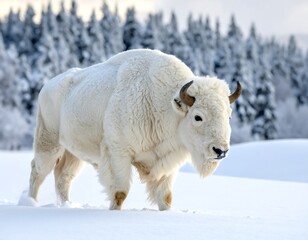 Naklejka premium Majestic white bison in a snowy landscape