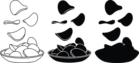 Three different styles of potato chips in bowls line art silhouette and filled