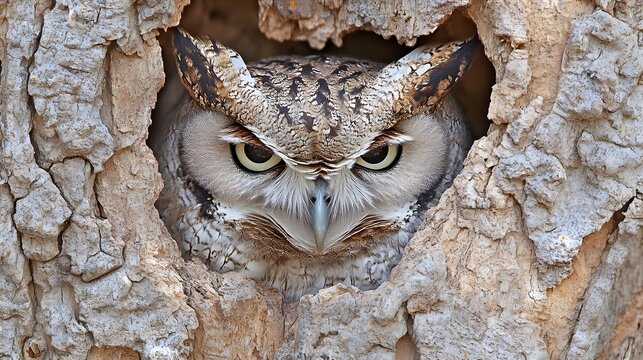 An owl perfectly camouflaged against the textured bark of a forest tree, blending seamlessly into its natural surroundings with intricate feather