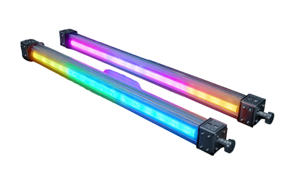 Two long, rectangular, light-emitting tubes.  Each tube displays a gradient of vibrant colors, including purple, pink, blue, teal, and yellow. - Powered by Adobe