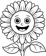 Cute Cartoon Sunflower with Smiling Face in Black and White Outline