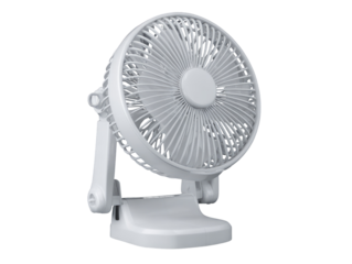 A white, portable desk fan, circular blades, angled base