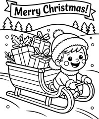 Cute Child Sledding with Christmas Gifts in a Snowy Winter Landscape