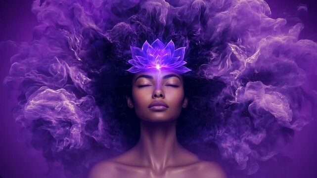 spiritual woman with purple lotus flower on her forehead. transcendence and connection to the universe with seventh chakra crown chakra activation. purple background. camera zooming out