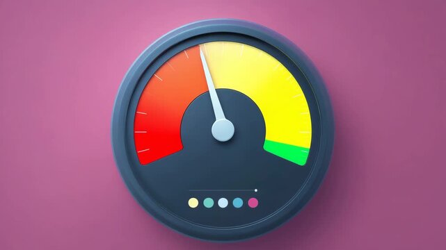 Colorful gauge meter with needle pointing to medium level concept of performance speed rating progress evaluation measurement and energy indicator
