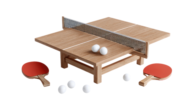 A tabletop ping-pong table with two paddles and balls