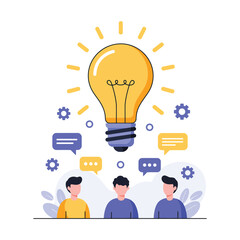 Three people collaborating under a bright idea lightbulb, symbolizing teamwork and innovation.