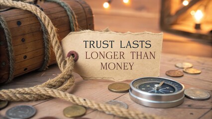 Trust Lasts Longer Than Money Motivational Quote with Coins and Compass