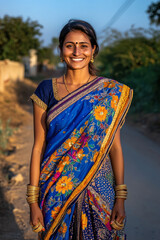 A poised woman wearing an embroidered sari, her golden bangles glinting as she smiles in the warm glow of sunset