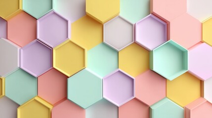 Abstract 3D hexagonal shapes in pastel colors like pink, yellow, purple, mint green forming decorative pattern, modern geometric design ideal for wallpaper, background with soft vibrant tones