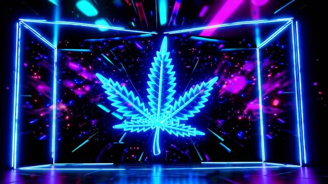 Three-dimensional rendering of neon blue cannabis leaf set within abstract ultraviolet illuminated frame with 80s retro aesthetic
