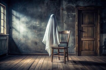 Realistic ghost floating above old wooden chair
