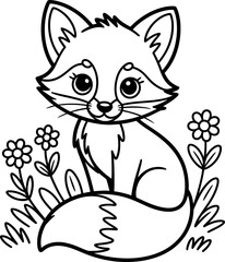 Cute fox in flower garden simple vector illustration for coloring book