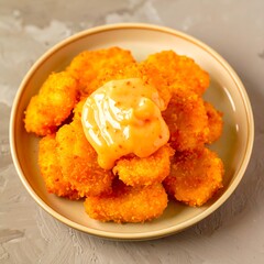 Crispy, golden-brown nuggets are topped with a creamy, orange sauce in a light beige bowl.