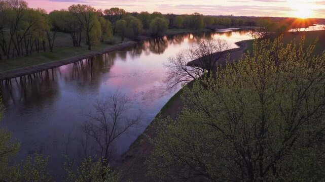 Crimson waterway at daybreak during the spring season