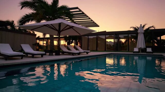 outdoor swimming facility within modern private residence, complete with reclining chairs, tropical trees, and shade umbrella during sunset