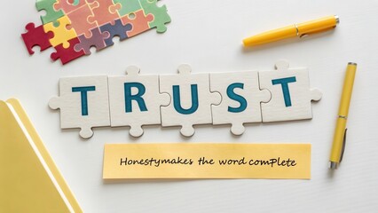 Trust Puzzle Pieces on Table with Inspirational Note and Stationery