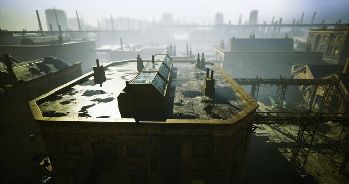 Rooftops covered in grime and debris rise above an eerie city shrouded in fog. Distant buildings loom, creating a haunting atmosphere in the early morning light, hinting at abandonment.