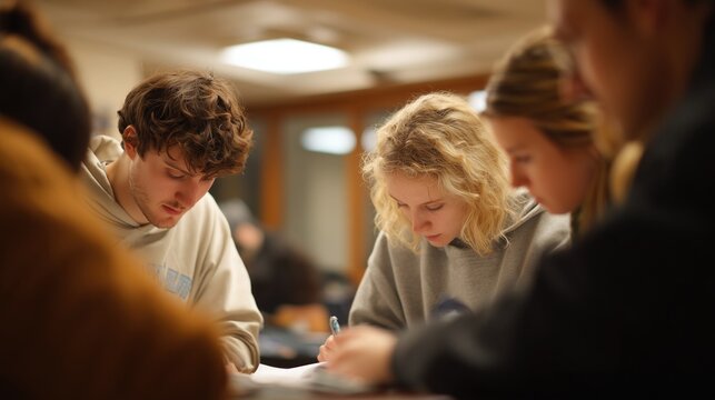 Young students in group study session collaboratively working on paper assignments in indoor classroom or university space, focused on learning with warm lighting and academic teamwork atmosphere