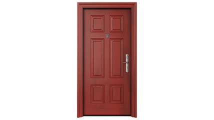 Obraz premium Charming red wooden door with elegant panels and silver hardware