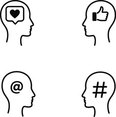 Social media icons in head silhouette digital communication