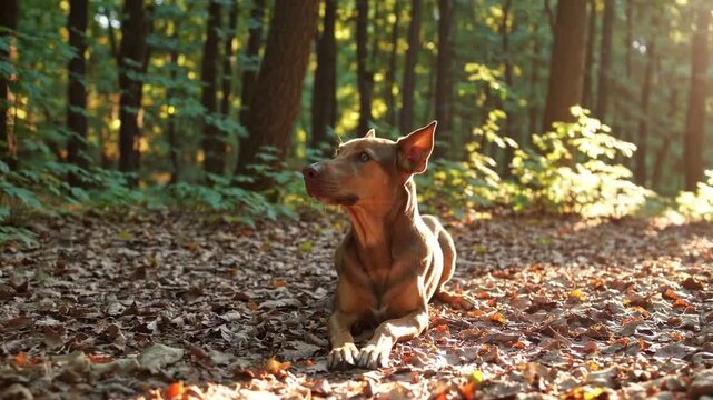 cute, happy, and mixed-breed brown dog, resembling Golden Retriever, lying down contentedly on the ground in sunny forest environment